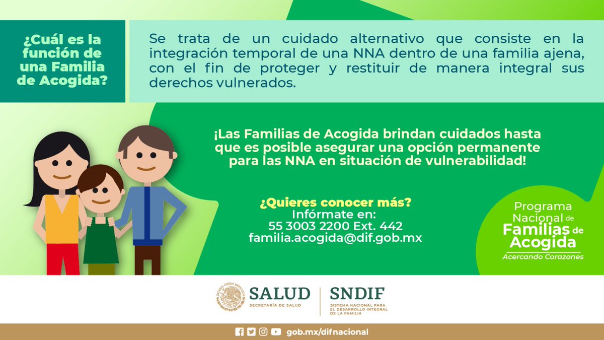 DIF_NMX's tweet photo. ¿Sabes cuál es la función de las #FamiliasDeAcogida?

💚Conoce más sobre este Programa, a través del cual el #SNDIF trabaja para restituir el Derecho a Vivir en Familia de Niñas, Niños y Adolescentes. 

➡Visita: https://t.co/hsVKYKi09z https://t.co/8K6sgTXDDn