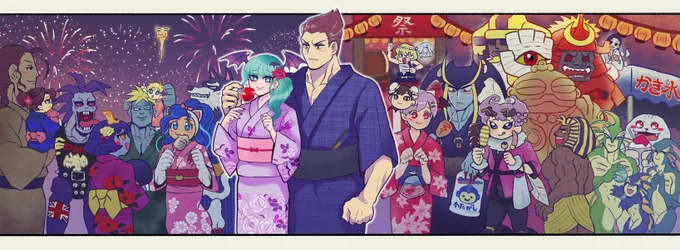 夏祭りの絵です🎆 とても横に長いのでスマホを横にして見てください…… #Darkstalkers #格ゲーキャラ描こうぜ 