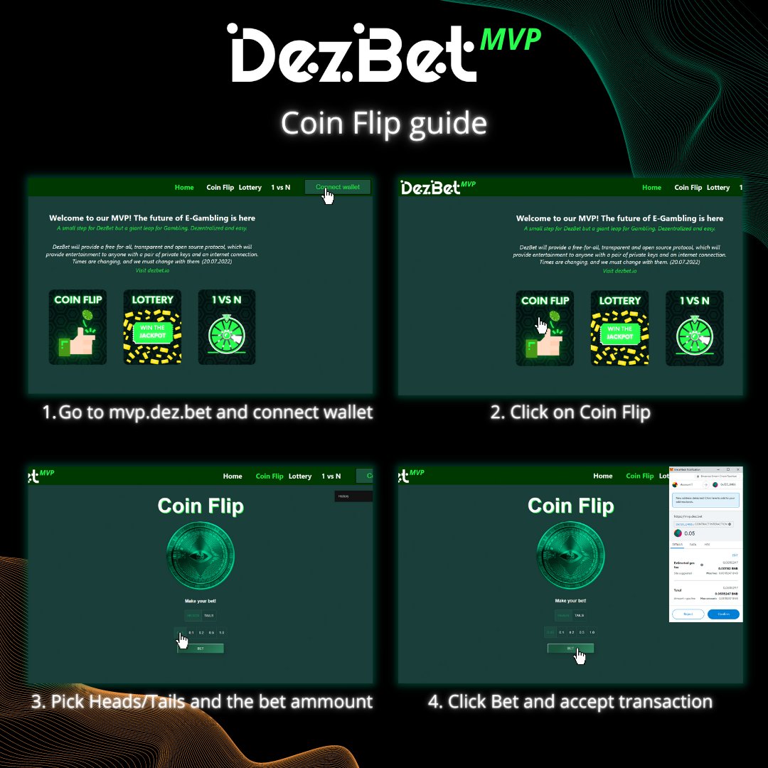 Dez_Bet's tweet photo. Here's a quick guide on how to play our MVP once it's out! DezBet will be going live for public testing on #BNBChain testnet very soon, don't miss out...

#mvp #web3 #defi #eth #nftcommunity https://t.co/j4E8KvxLym