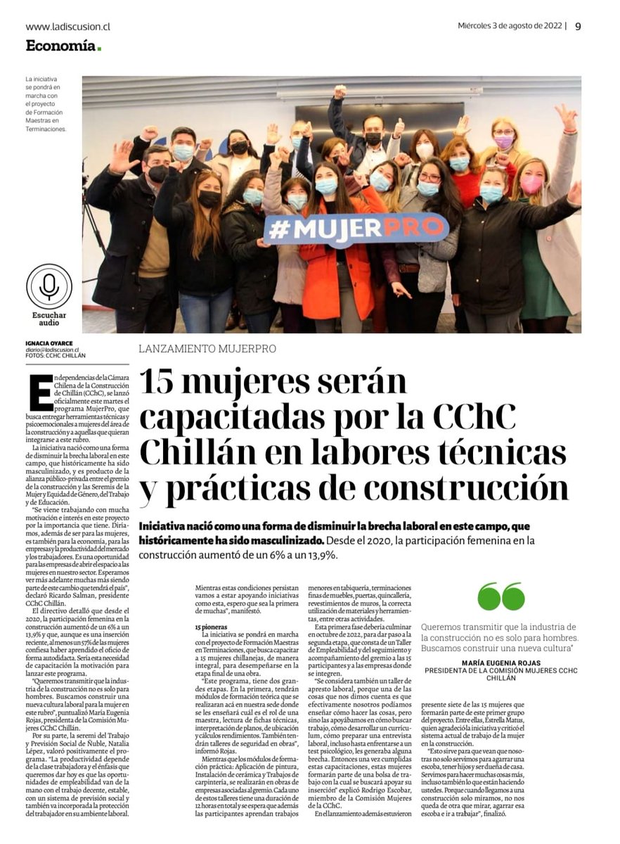 MMEG_Nuble's tweet photo. 🗞️📰👏🏻Diario @ladiscusioncl destaca a primeras 15 mujeres👷🏻‍♀️que serán capacitadas por @CChCChillan a través del Proyecto #MujerPro a cuyo lanzamiento asistió Seremi (s) @NicolUlloaC. Alianza público/privada busca disminuir brecha laboral en este sector históricamente masculinizado https://t.co/lVG9G7KURJ