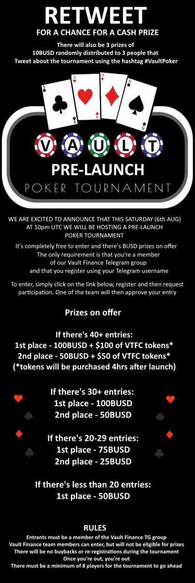 VFX_Worldwide's tweet photo. It’s getting close to that time!!!

#VaultFinance is firing on all cylinders!

We welcome all to join us for a pre launch poker tournament!

$BUSD and $VTFC up for grabs… the more entries the bigger the prize… spread the word w/ #VaultPoker!

#EliteArmy 

#BSC #Crypto #DeFi https://t.co/b0NRNYOMAE