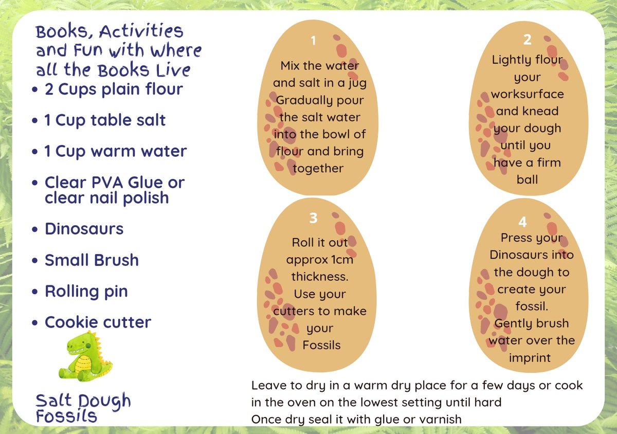 WhereBooks's tweet photo. This week for my #BDACreateAward entry I'm sharing an activity recipe card for salt dough Dinosaurs. I live to create activity sheets and activity resources on canva giving ideas and inspiration to parents and carers of things they can do easily and cheaply at home 💜📚🖍 https://t.co/beUsOKdDo1