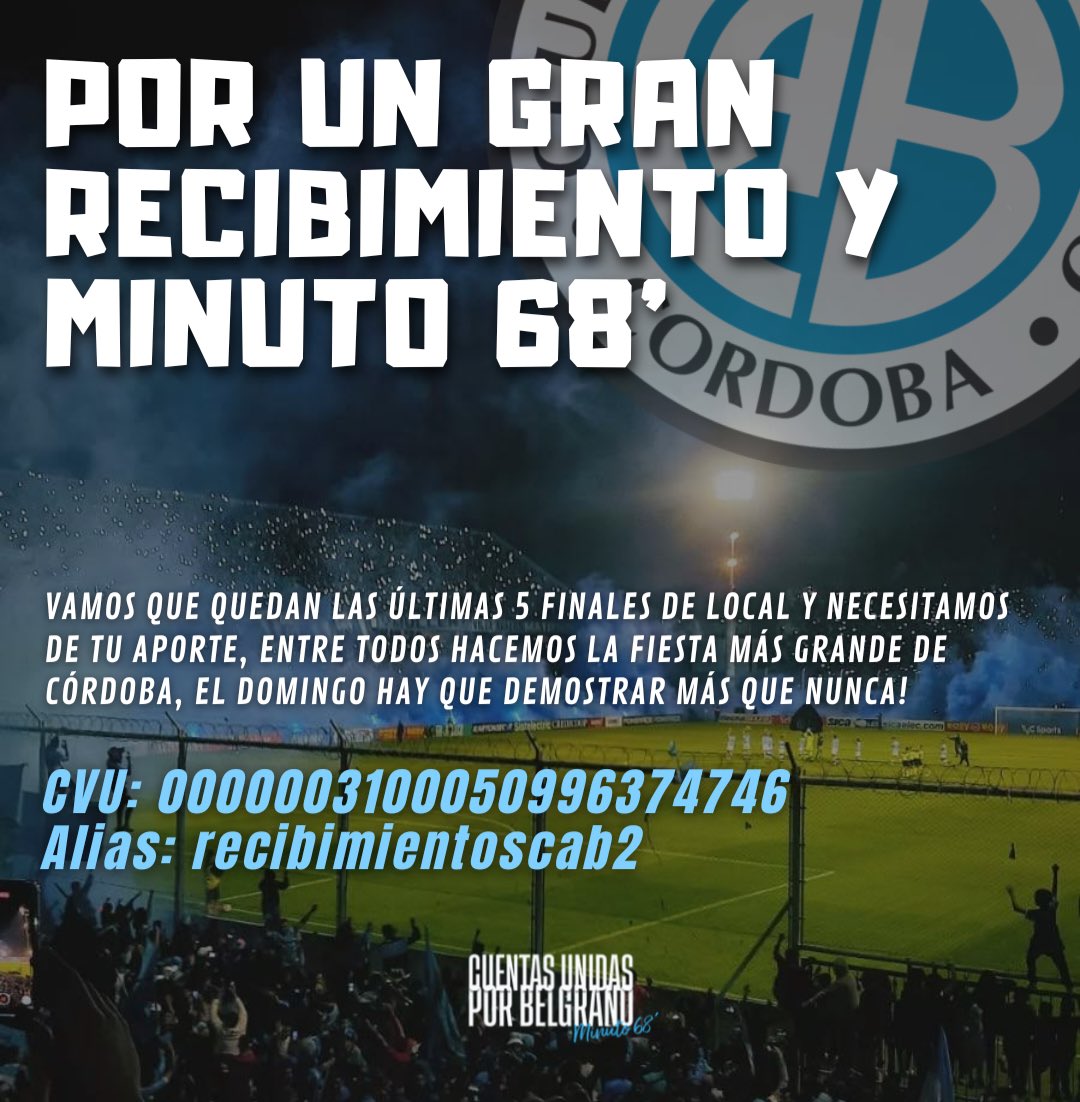 Vamos vamos BELGRANO, ponga huevo para ser primero. El domingo revienta el gigante! 

Manda tu aporte a recibimientoscab2