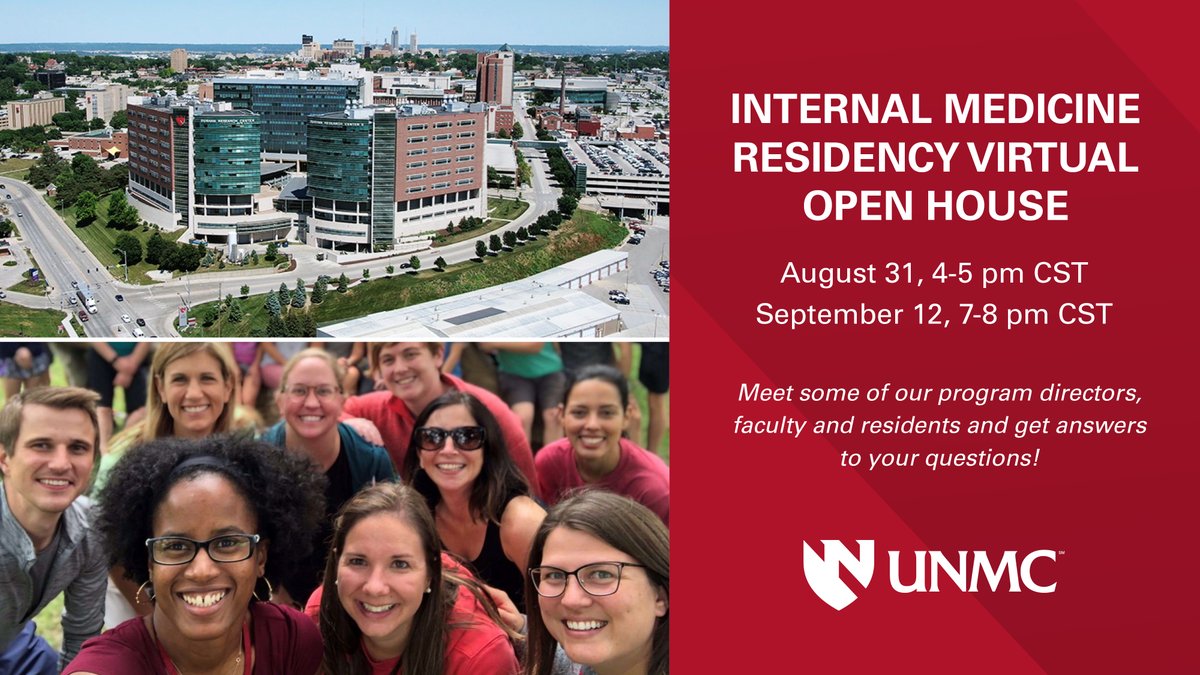 Join @UNMC_IM's virtual open house about our IM #residency program!👋Meet faculty & residents. Learn about Omaha🏡 & our community diversity & outreach🤜🏻🤛🏿. Discover program initiatives with an emphasis on #DEI💗 To register: tinyurl.com/2p9d6hd6. #Match2023 #InsidetheMatch