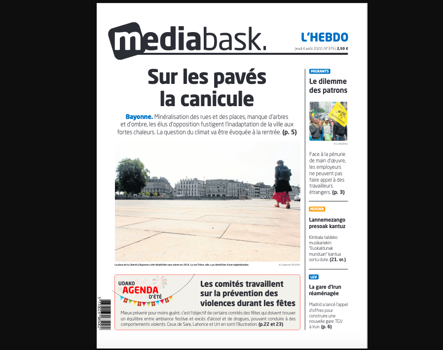 MediabaskInfo's tweet photo. Chaud devant ! Voici la une de MEDIABASK L'HEBDO de ce jeudi ⤵️
👉 Le centre-ville de Bayonne surchauffe
👉 L'impossible embauche des migrants en temps de pénurie
👉 Lannemezango presoek kantu berria sortu dute
👉 La gare d'Irun s'agrandit pour le TGV https://t.co/5d93xX6p6O