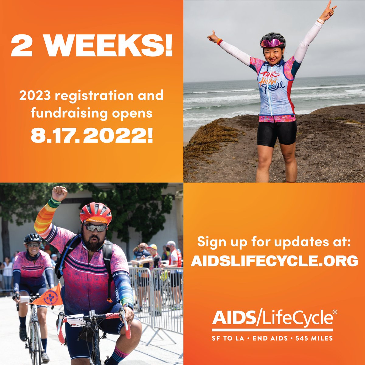 AIDS/LifeCycle's 2023 season is OPEN in just 2 weeks! Register as a Cyclist or Roadie for just $55, or as an At Home Hero for $45!
👉 Visit aidslifecycle.org to sign up for updates and to learn more!

#aidslifecycle #cycling #CA #volunteer