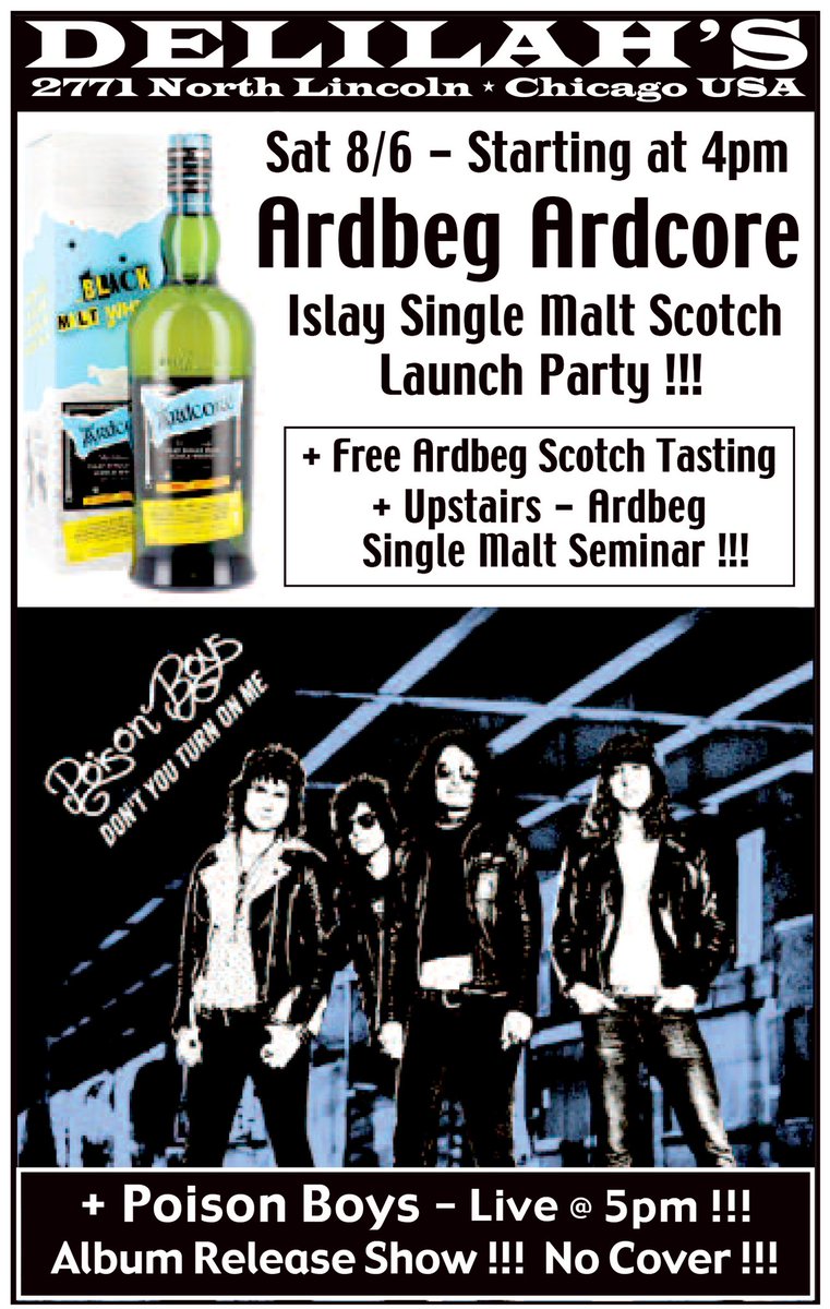 delilahschicago's tweet photo. This Saturday! #LiveMusic at #DelilahsChicago with @poison_boys to celebrate the @Ardbeg #Ardcore release! #NoCover #Chicago #Scotch #Ardbeg https://t.co/vZEsZruNre