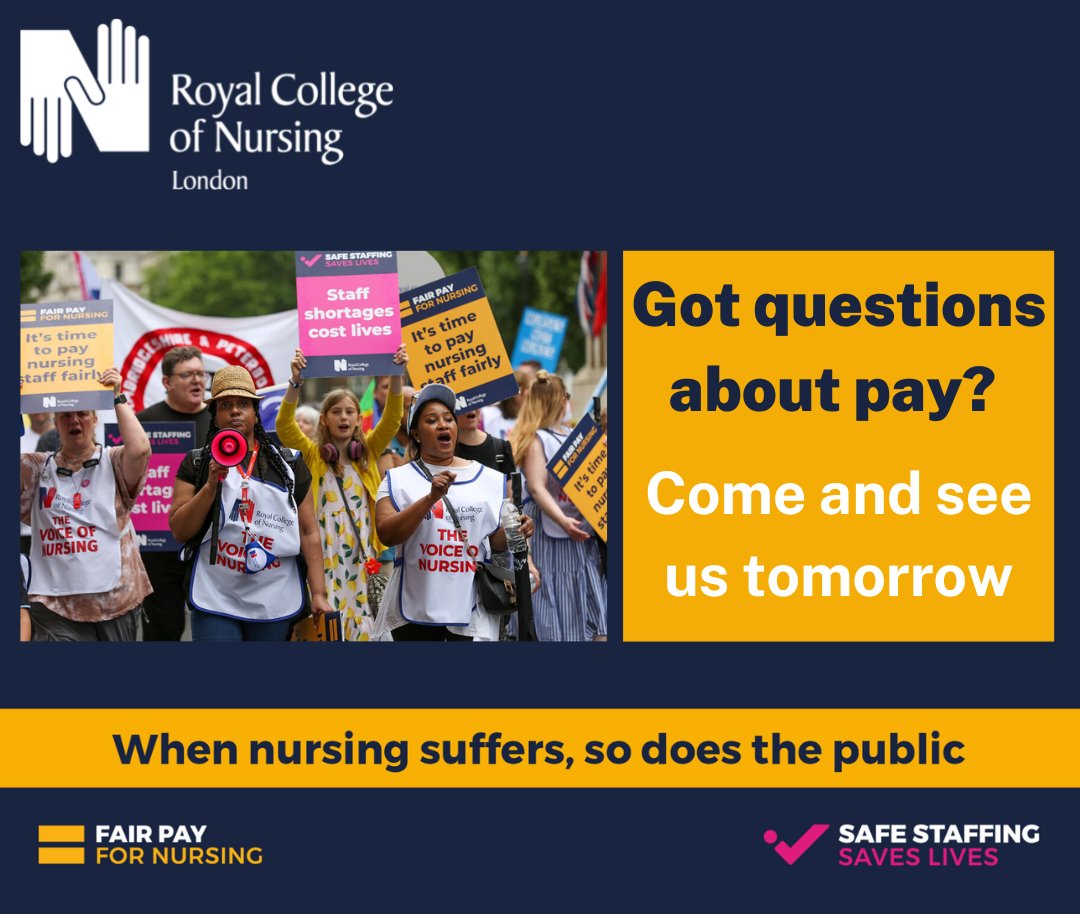 RCNLondon's tweet photo. @RCNLondon staff will be out and about tomorrow answering any questions you have about the upcoming ballot on NHS pay. 

We'll be at:
⌚ St Thomas' Hospital 7-9am &amp; 7-8pm, main entrance
⌚ Barnet Hospital 7am-5pm, Level 2, atrium
⌚ Guys Hospital 7-9am &amp; 7-8pm, main entrance https://t.co/355zFhgKok