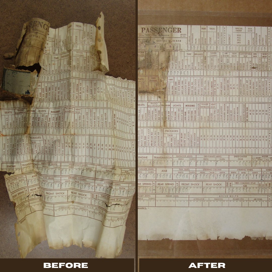 ACAPaper's tweet photo. This is a build sheet that was found inside a classic Ford car. Check out how great it looks after we restored it!

#ACAPaper #ACAPaperRestoration #DevonPA #ChescoPA #ArtRestoration #PaperRestoration #BeforeAndAfter #ClassicCars #Ford #DocumentRestoration https://t.co/p4eZEiXN8W