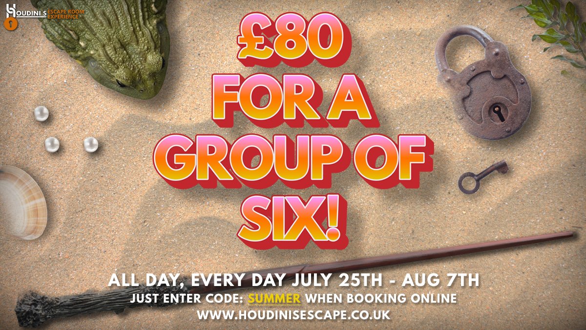 Time is running out on our summer holiday deal! 

Book an escape room for a group of 6 and only pay £80! 
Enter code: SUMMER when booking. 

July 25th - Aug 7th. 

Book now: houdinisescape.co.uk
T’s &amp; C’s apply 

#escaperoom #escapegame #summer #summerholidays #schoolholidays
