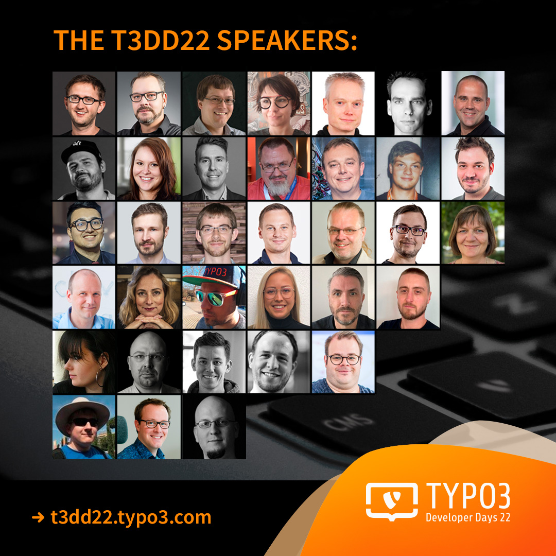 T3Shoutout's tweet photo. #RT: @typo3: Presenting you with the faces of the #TYPO3 Developer Days 2022 sessions.  Happy to have you here and looking forward to hearing what you have prepared for us 🥳
#T3DD22 #T3DD #WeLoveTYPO3 #community https://t.co/sFY4bL8qu4 #typo3 #typo3 #t3shoutout