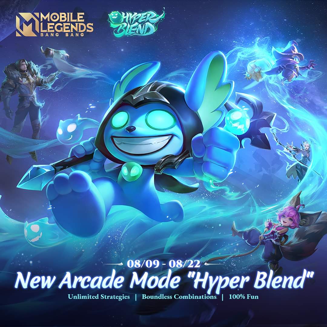 MobileLegendsOL's tweet photo. Hyper Blend, a new arcade mode will be available in the game on 08/09! Let your imagination run wild in this mode! Come up with unlimited strategies to combine heroes and skills. You might need some luck to win (at first), but one thing is certain - the fun is INFINITE! https://t.co/Z3VuOBW4yZ