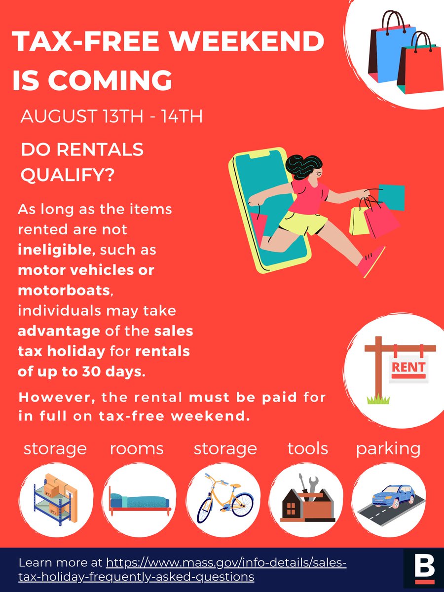 ConsumerBoston's tweet photo. Want to rent something this August 13th-14th? It may qualify for Tax-Free Weekend! Find out more at https://t.co/ut8xftdBfT to learn if you qualify.
#CityofBoston #TaxFreeWeekend #TaxFree #ConsumerProtection #MOCAL https://t.co/fJyf9iWkBC