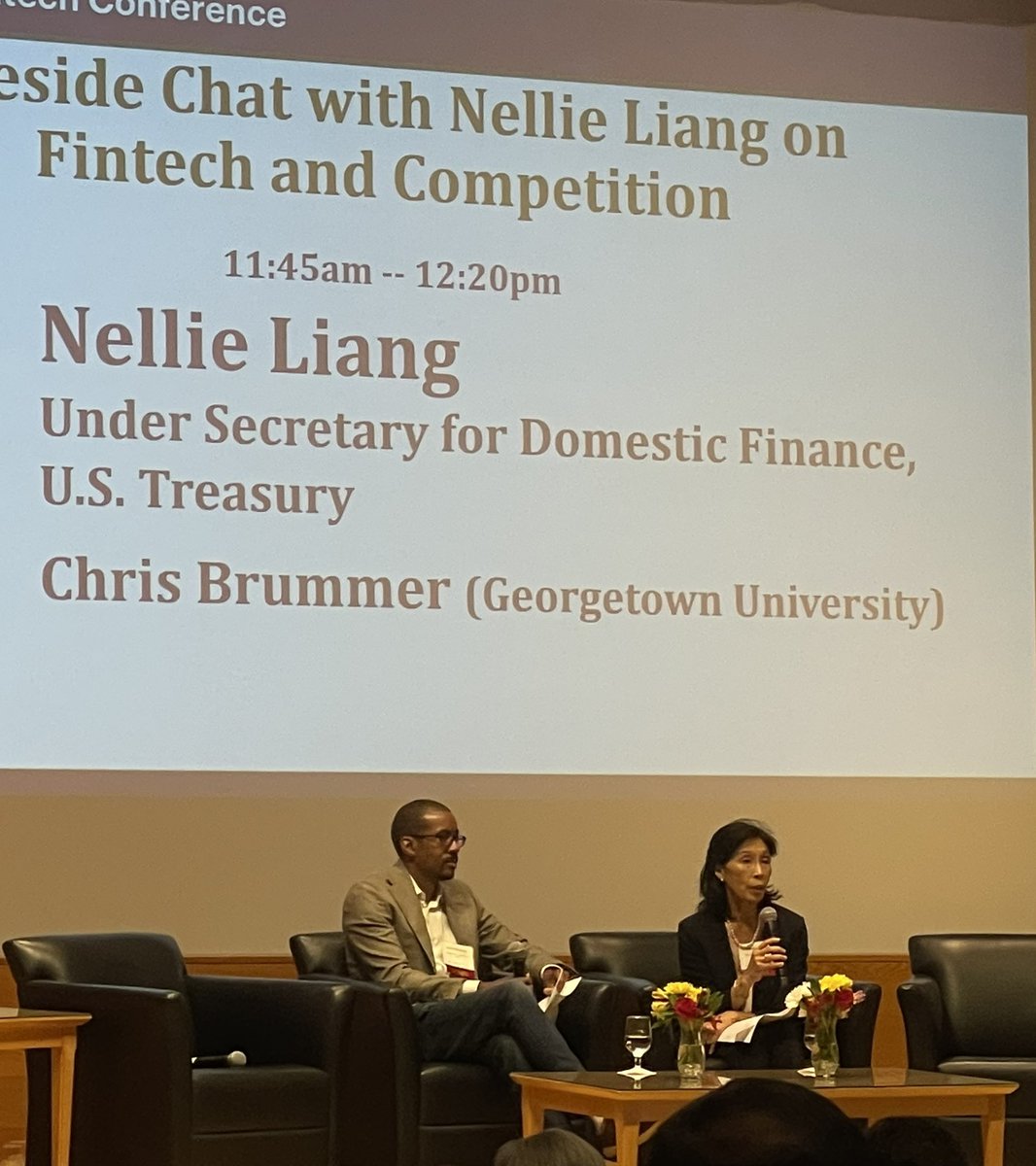 Aarondklein's tweet photo. PWG report identified right risks on #stablecoins but disagreement on how to handle still in Congress and unclear on timeline — @USTreasury Under Sec. Liang responding to always insightful @ChrisBrummerDr during @PhilFedResearch #FinTech conference. https://t.co/6ZgU7UkH0V