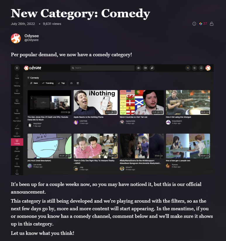 OdyseeTeam's tweet image. We often call ourselves a "video" platform, but that's actually a lie

On Odysee you can upload pretty much anything - audio files, text posts, images, and more

So whether you want to blog, post art, share CAD files or anything else, you can do it through Odysee