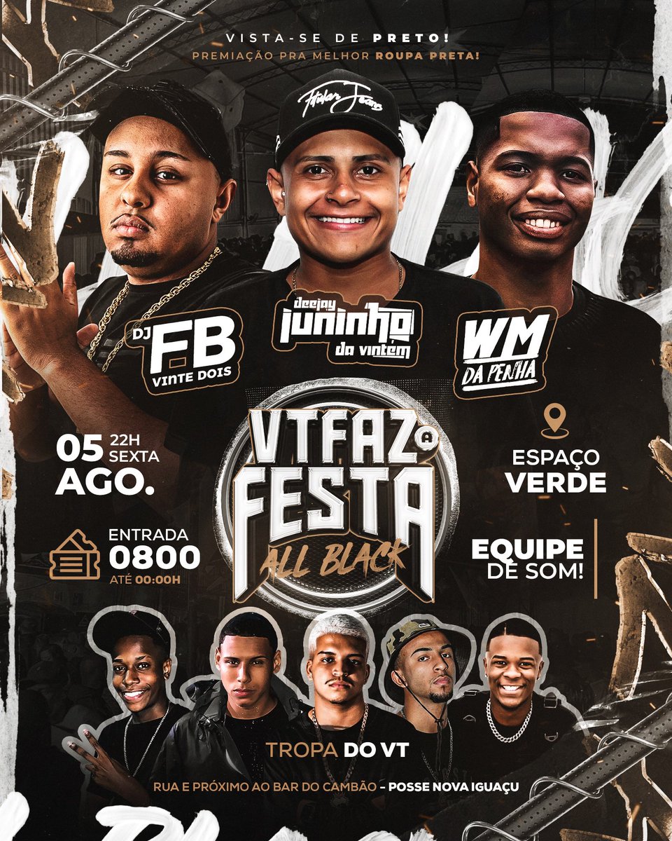 Próxima parada, next station “VT FAZ A FESTA ALL BLACK 🖤” 🫣🔥

—
É NESTA SEEXTAAAAAA!!🥳🔥

• Vista -se de preto!⬛️
• Premiação pra melhor roupa preta!
• Entrada 0800 Até 00:00H

—

Promoções de bebidas até Meia-noite cheguem cedoo… 🤭🤪🥳

📍Espaço Verde