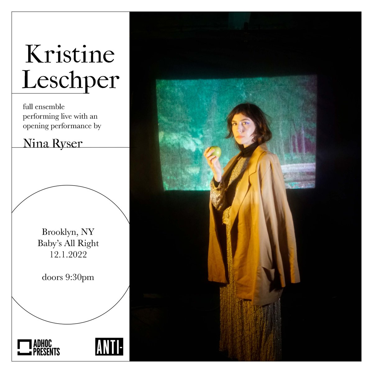 JUST ANNOUNCED: @kleschper (fka Mothers) swings by @BabysAllRight with Nina Ryser on 12/1 🤠 tickets on-sale this friday 8/5 at noon: bit.ly/AdHoc-Kristine…