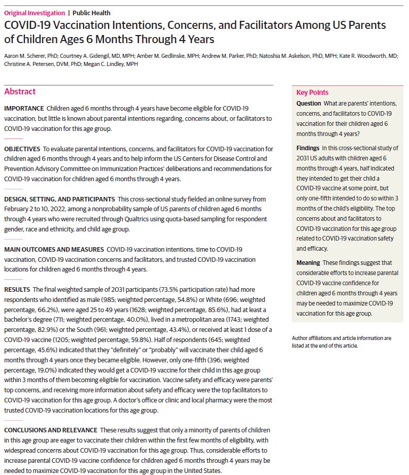 Latest survey results from @HaPPISurveys Collab b/w @IntMedatIowa @UIowaCPH @RANDCorporation @CDCgov 

COVID-19 Vaccination Intentions Among US Parents of Children Ages 6 Months Through 4 Years ja.ma/3cZaH58 via @JAMANetworkOpen

#CovidVaccine #VaccinesWork