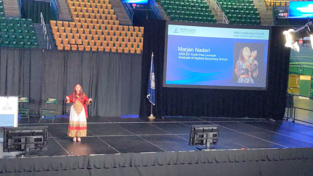 HayfieldES's tweet photo. HUGE cheers from the @FCPSHayfieldSS crowd for their talented alum @marjanxpoetry ! Thank you for sharing your message with us. #LeadershipKickoff @FCPSR3 @fcpsnews https://t.co/dDk8L6IrKo