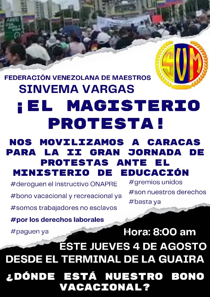 caridad_brito's tweet photo. Vamos todos a sumarnos este jueves #04 de Agosto a la gran manifestación en apoyo a nuestros profesores y profesoras. #BonoVacacionalYRecreacionalYa https://t.co/kaRKJSRaks