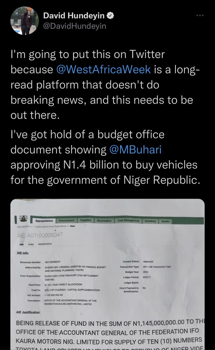 Sports_Doctor2's tweet photo. David Hundeyin broke the news around 10:12pm yesterday how Buhari used 1.45 Billion Naira of Nigeria’s money to buy vehicles for Niger Republic.

Today, barely 20minutes ago, the Federal Government confirmed the news!!!

RESPECT DAVID HUNDEYIN!!!!!! https://t.co/iwsYeCT6he