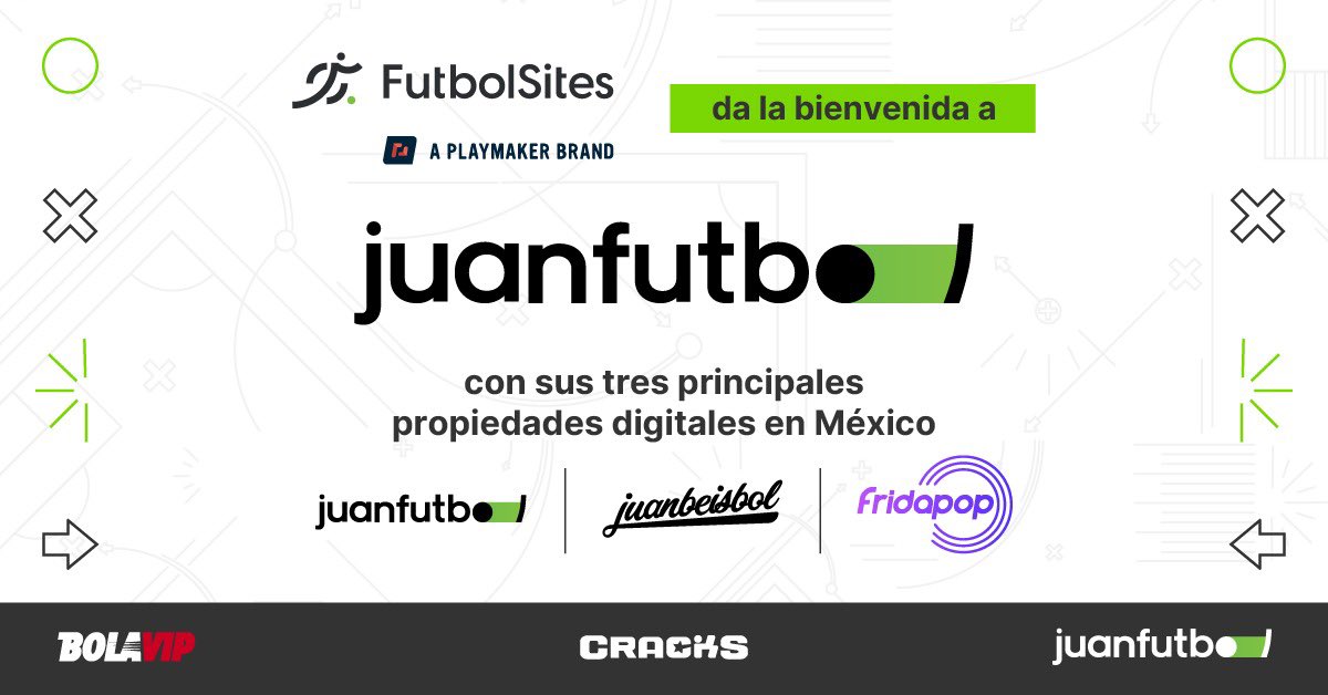 Estamos orgullosos de anunciar la adquisición de <a href="/juanfutbol/">juanfutbol</a> por parte de nuestra parent company <a href="/playmaker_fans/">Playmaker Capital</a>, sumando también <a href="/juanbeisbol/">juanito en gira🔥😎⚾️</a> &amp; #Fridapop a nuestra estructura y a nuestro portafolio de medios digitales.