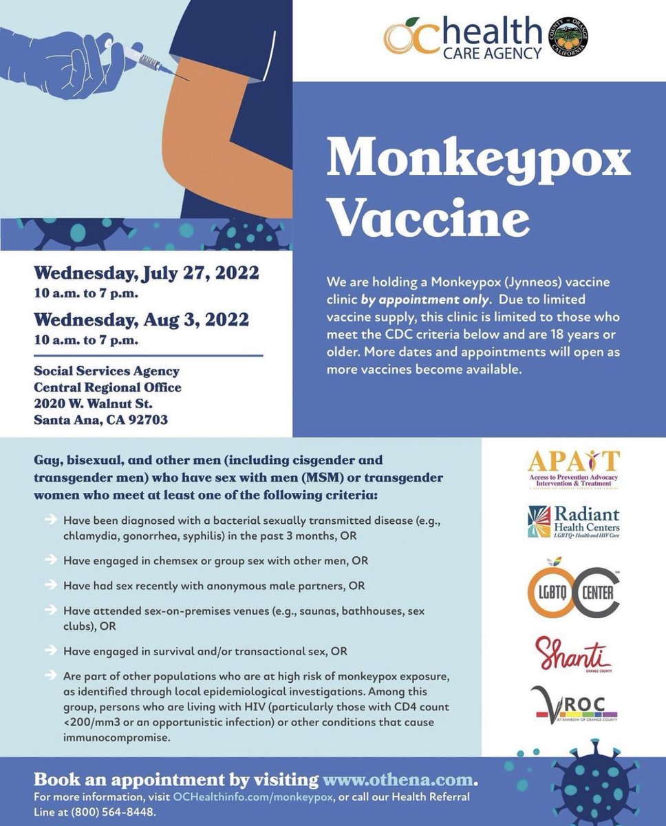 davidlopez85's tweet photo. Attention Orange County (CA)! More monkeypox vaccine appointments opening for today! Walk-ins are also available with limited supply (50) per day, so arrive early. Must meet eligibility. More dates opening as well thanks to @ochealth and community partners’ efforts! https://t.co/KAKnlCVcFX
