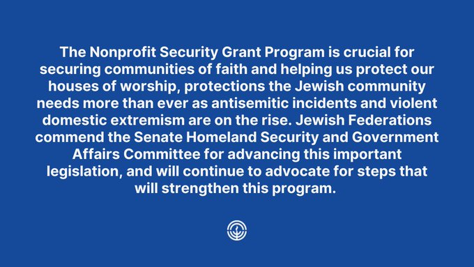 JFedWCNJ's tweet photo. The Senate Homeland Security &amp; Government Affairs Committee just advanced the Nonprofit Security Grant Program Improvement act, which will help secure the Jewish community. Jewish Federations thank 
@SenGaryPeters(D-MI) &amp; @senrobportman(R-OH) for their leadership on this issue. https://t.co/xJ9tolfhSg