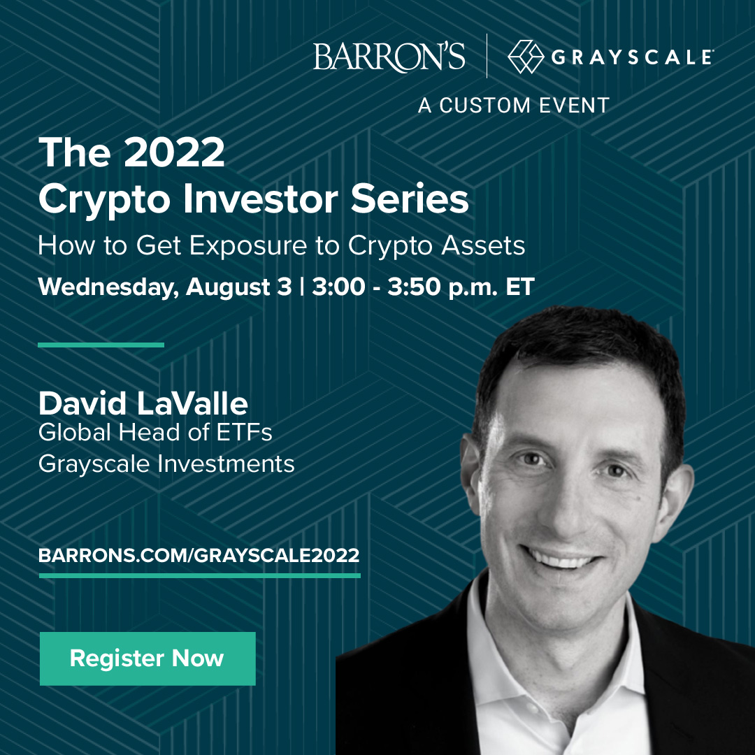 Join me today at 3 PM for a webinar hosted by <a href="/barronsonline/">Barron's</a> and <a href="/Grayscale/">Grayscale</a>. 
Bart Smith and I will explore different ways to invest in crypto and discover why even traditional asset managers are finding a place for digital assets in retirement accounts. 
barronscustomevents.com/grayscale2022?…