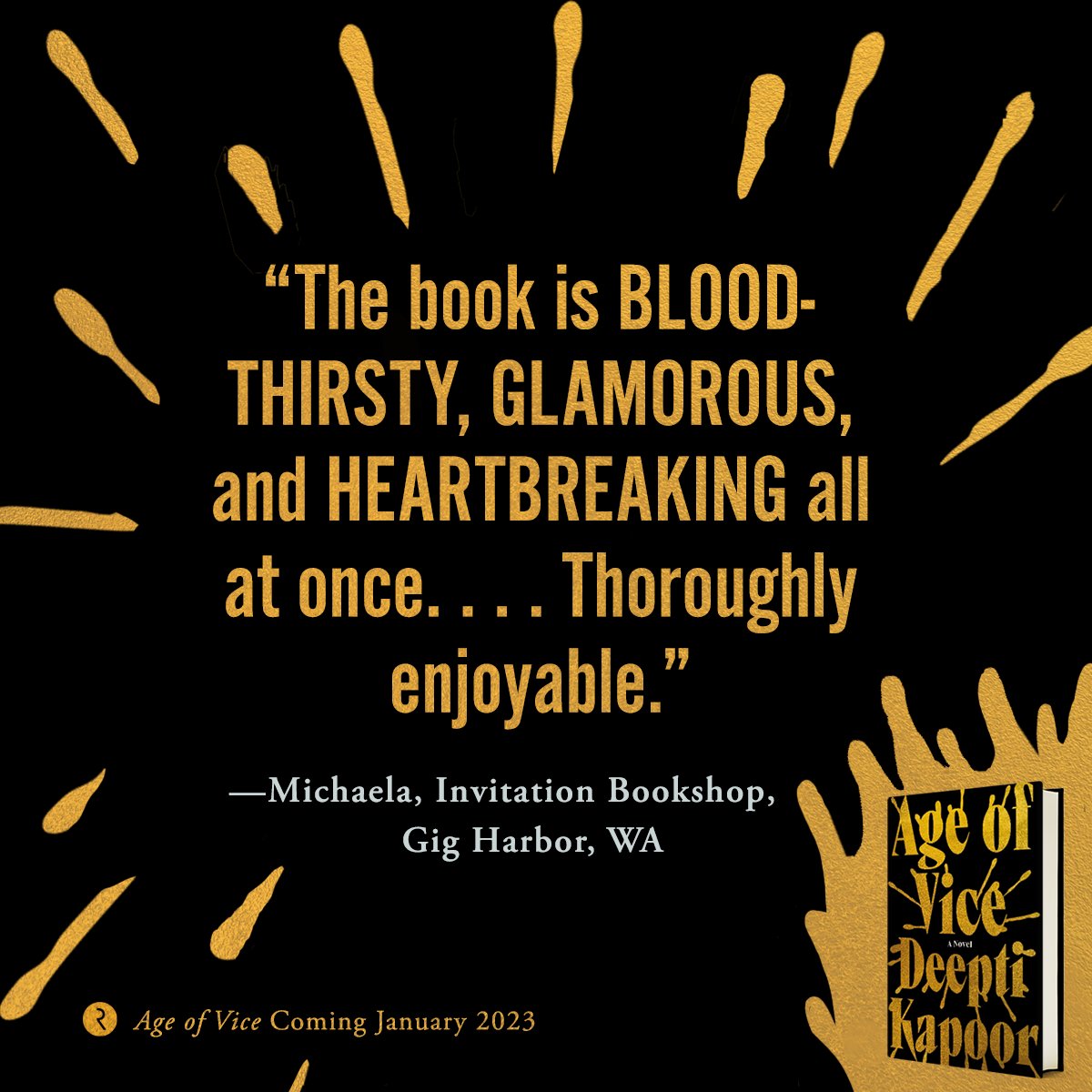 Michaela from <a href="/InvitationBooks/">Invitation Bookshop</a> is right—AGE OF VICE does it all 🤩🖤 Learn more about Deepti Kapoor's irresistible crime thriller and family saga, coming  January 2023: bit.ly/3ydVlT3
