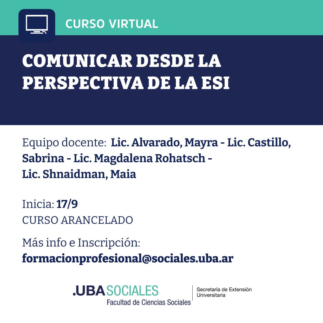 ❗EMPEZÓ LA INSCRIPCIÓN❗ 
Curso de extensión abierto a la comunidad:
🗓 Fecha de inicio: 17/9
📲 Modalidad: virtual
➡Duración: 8 semanas
🕖Días y horarios de cursada: sábados de 10:00 a 12:00 Hs.

ℹ Más info_ sociales.uba.ar/extension/form…

SE AGRADECE DIFUSIÓN