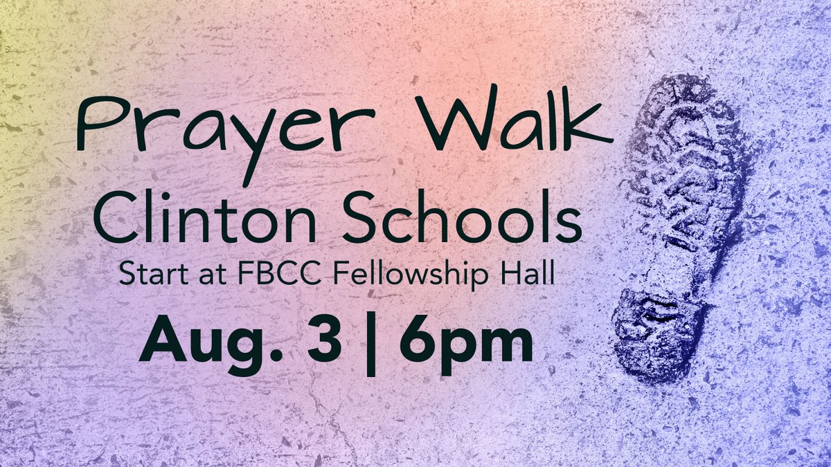 fbcclintonms's tweet photo. Join us tonight as we Prayer Walk in Clinton Schools. We will meet at the FBCC Fellowship Hall at 6 pm to get instructions and locations, then disperse from there. 
Next week we resume our Wednesday Night Activities and Meal.
#FBCC #Wednesday #PrayerWalk https://t.co/dtIayNZOb1
