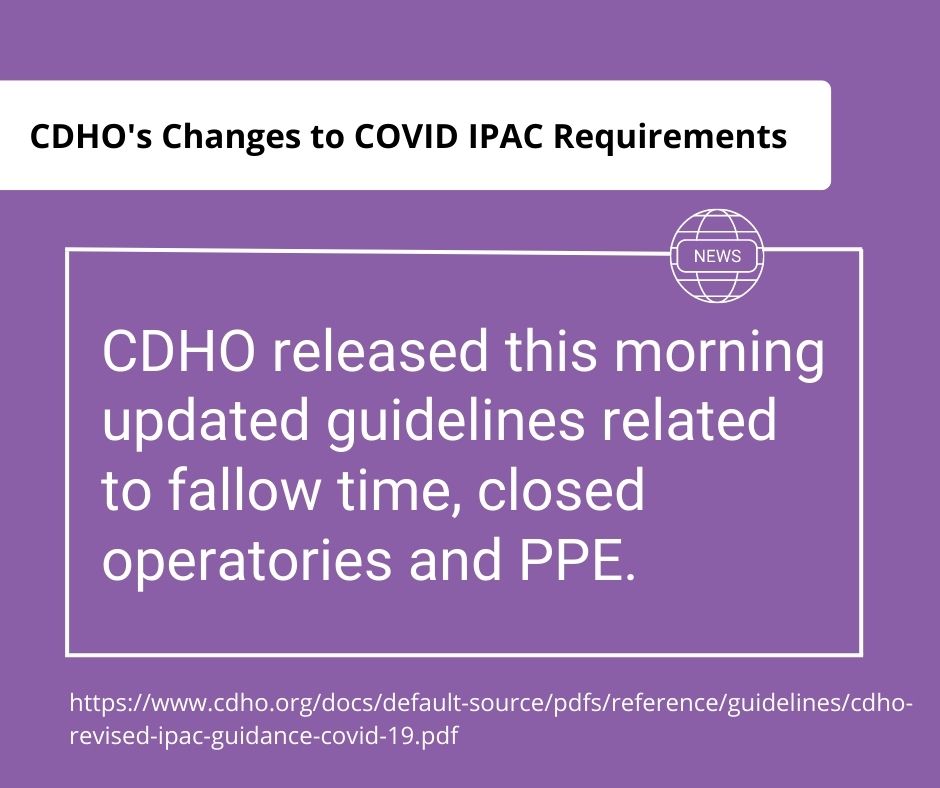 OntarioODHA's tweet photo. CDHO released this morning updated IPAC guidelines related to fallow time, closed operatories and PPE. 

You can read the details here:
https://t.co/OCCytIb1Se

 #dentalhygienists #dentalhygienist  #Ontario  #dentalhygienestudent #rdh #rrdh #dentalhygienegraduate #Covid https://t.co/Dcgrg5Tr8L