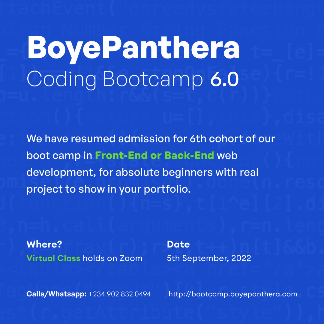 BoyePanthera's tweet photo. Here's to another new edition of our Coding Bootcamp starting September 5. Hit us up on https://t.co/2tTdpkECbj to register.
#coding_bootcamp
#html #css #tailwindcss #Javascript #reactjs # Expressjs #redux https://t.co/OQ5rAlnJgn
