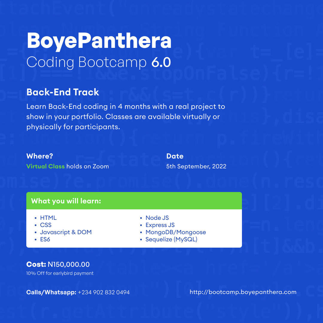 BoyePanthera's tweet photo. Here's to another new edition of our Coding Bootcamp starting September 5. Hit us up on https://t.co/2tTdpkECbj to register.
#coding_bootcamp
#html #css #tailwindcss #Javascript #reactjs # Expressjs #redux https://t.co/OQ5rAlnJgn