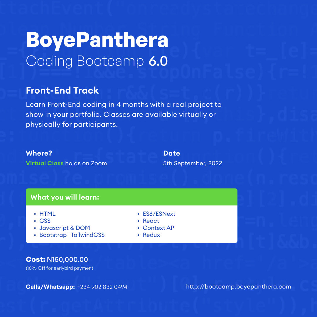 BoyePanthera's tweet photo. Here's to another new edition of our Coding Bootcamp starting September 5. Hit us up on https://t.co/2tTdpkECbj to register.
#coding_bootcamp
#html #css #tailwindcss #Javascript #reactjs # Expressjs #redux https://t.co/OQ5rAlnJgn