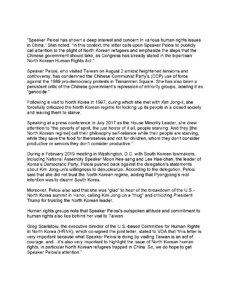 committeehrnk's tweet photo. NGOs Call On U.S. House Speaker Nancy Pelosi to Urge China to Protect North Korean Refugees 

Click the link to view the video version of the article in Korean: https://t.co/fuzlKkoCGU
Translated by @raymondmha 
#jointletter #NancyPelosiintaiwan @GregScarlatoiu  @NKMESSENGER https://t.co/CgmTojUvYb