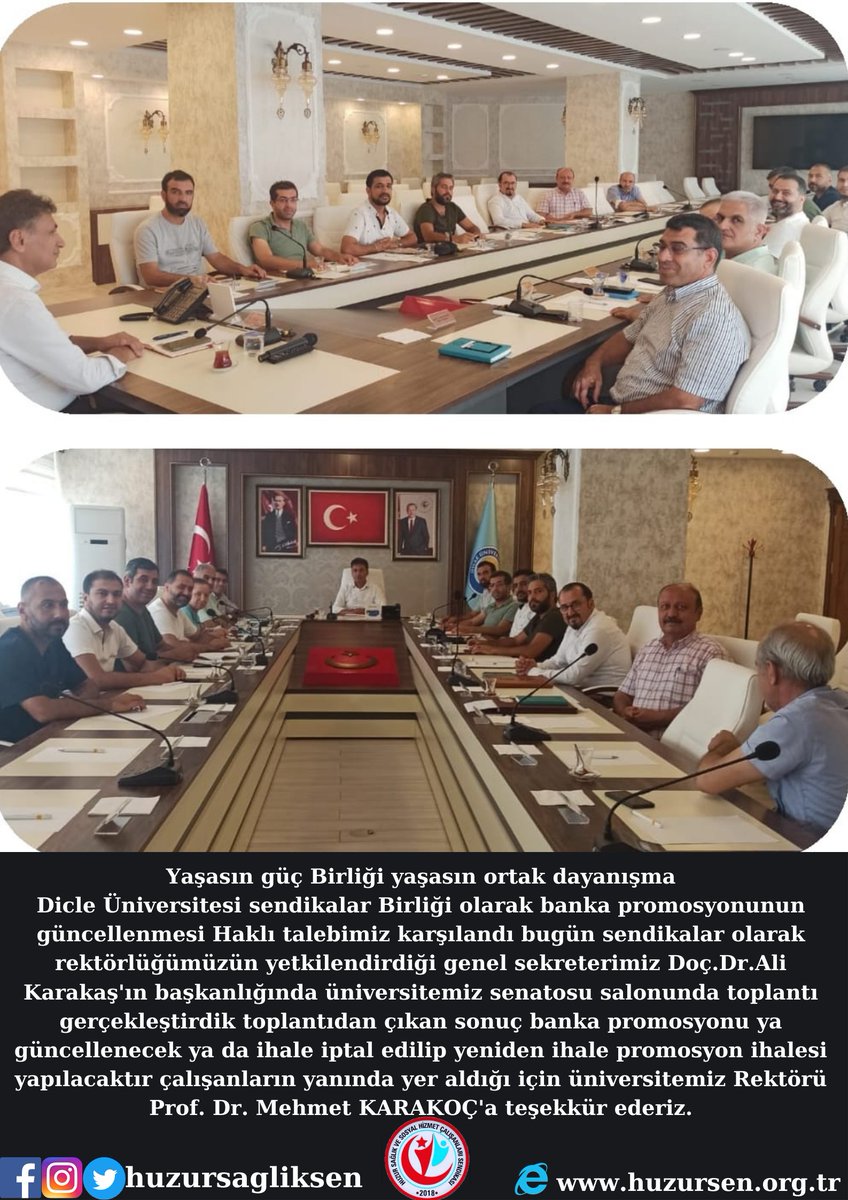ahmetbckn's tweet photo. @dicleuni1973 Rektörlüğün yetkisiyle Genel Sekreterimiz Doç.Dr.Ali Karakaş Başkanlığında Sendikalar Birliği olarak gerçekleştirdiğimiz toplantıda Promosyon anlaşması güncellenecek ya da yeni ihale yapılacak
Çalışanın yanında olan Rektörümüz Prof. Dr. @Mehmett_Karakoc'a tşk ederiz https://t.co/4oZY0p76mA