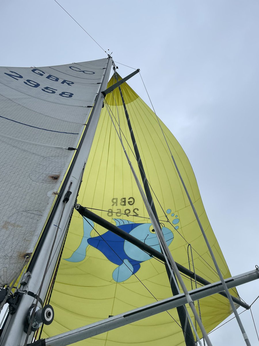 JAGBooth's tweet photo. #AHPsActive day 3, Cowes day 5. Another good day on the water. Slightly different photos today, our happy fish spinnaker and my navigation/tactics station! #CowesWeek2022 #musictherapy #sailing https://t.co/8LtMD4SpKv