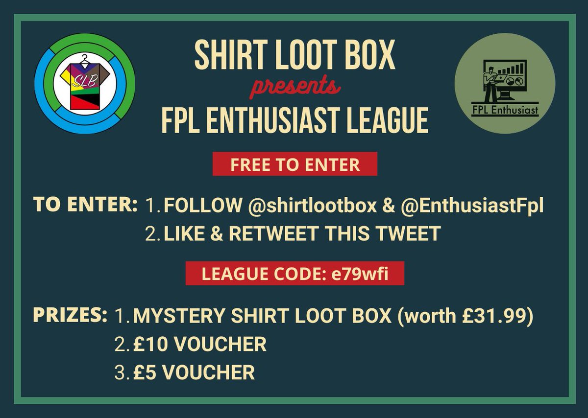 FPL Enthusiast 🤝 Shirt Loot Box

Free to enter #FPL Mini League.
Over 2,300 managers already in.

Prizes:
🥇 Mystery shirt loot box
🥈 £10 voucher
🥉 £5 voucher

To enter:
1️⃣ Follow @shirtlootbox &amp; <a href="/EnthusiastFpl/">FPL Enthusiast</a> 
2️⃣ Like &amp; RT this tweet

👉 LEAGUE CODE: e79wfi

#FPLCommunity