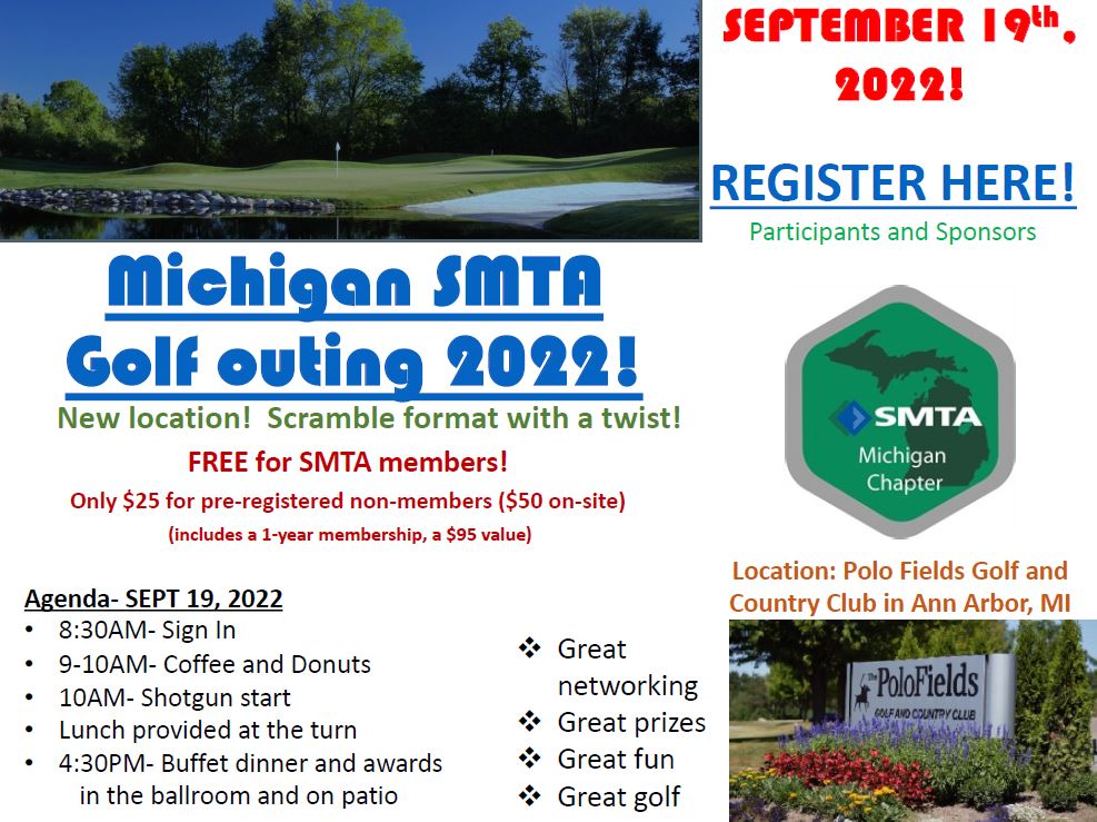 MurrayPercival's tweet photo. The Michigan SMTA Golf outing is coming up quick. Be sure to register today for some great networking, learning and of course, Golf! https://t.co/XjzrVs0nQI https://t.co/AMdXkTvEBx