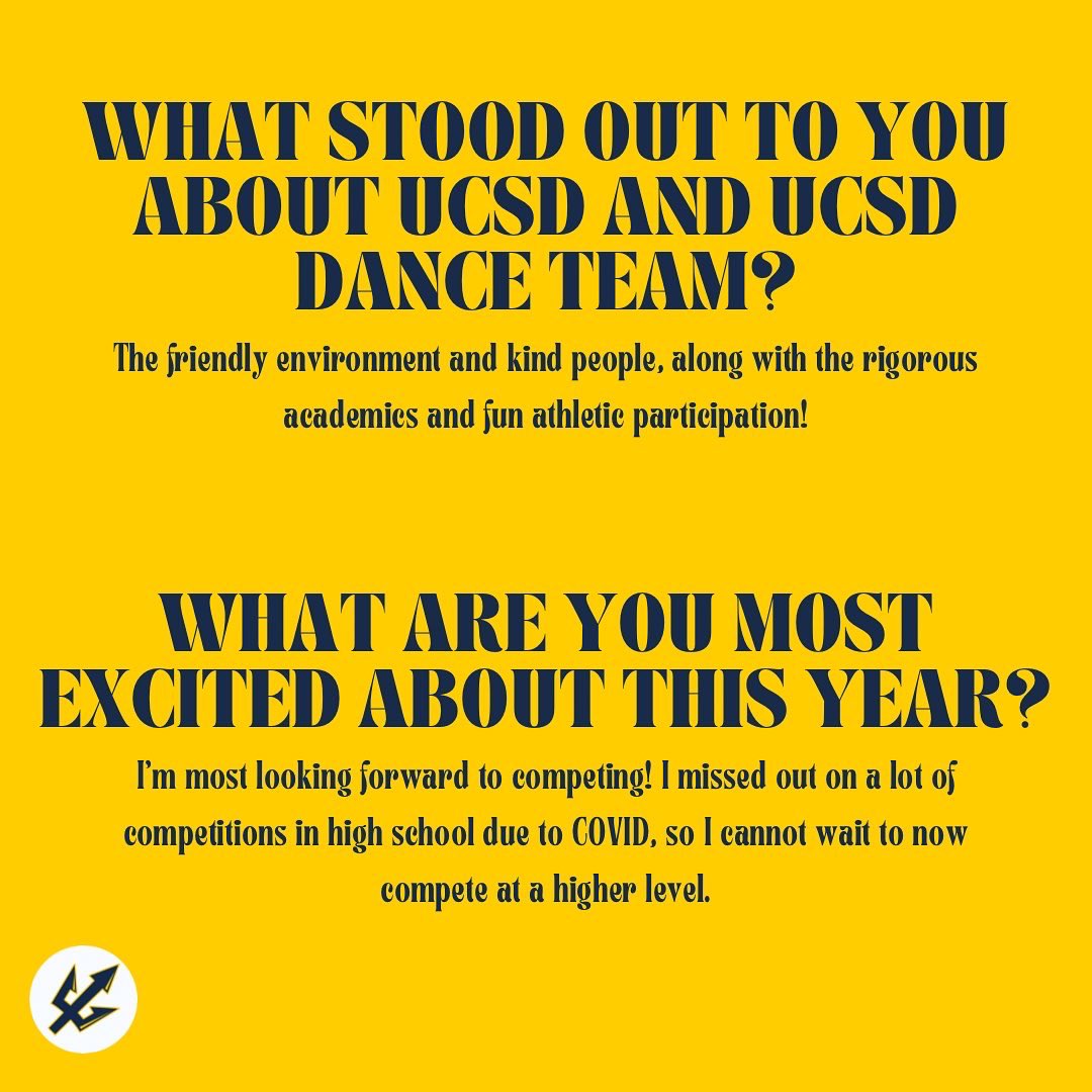 UCSDDanceTeam's tweet photo. 💙MEET THE TEAM: ABBY💛
We are so excited to have Abby on the team this year! Tune into our Instagram Story for her takeover!🔱 https://t.co/8T17QItgmw