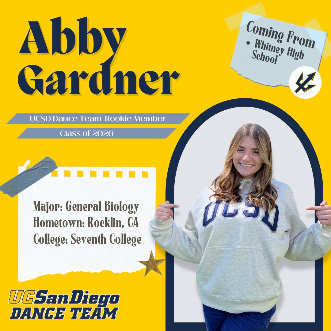 UCSDDanceTeam's tweet photo. 💙MEET THE TEAM: ABBY💛
We are so excited to have Abby on the team this year! Tune into our Instagram Story for her takeover!🔱 https://t.co/8T17QItgmw