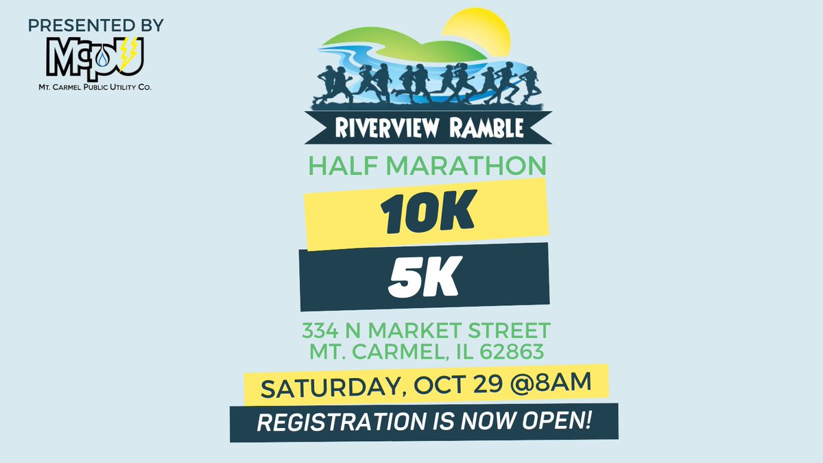 MCPublicUtility's tweet photo. There's still time to catch the early bird registration rates for the upcoming Riverview Ramble Half Marathon,10K and 5K!

Start/Finish Line 📍 Merchants Park, Mt. Carmel IL 62863
Start Time ⏱ 8AM

Register Here ➡️ https://t.co/T5Xu83nlDz

#MCPU #RiverviewRamble https://t.co/NpQh9ven1s