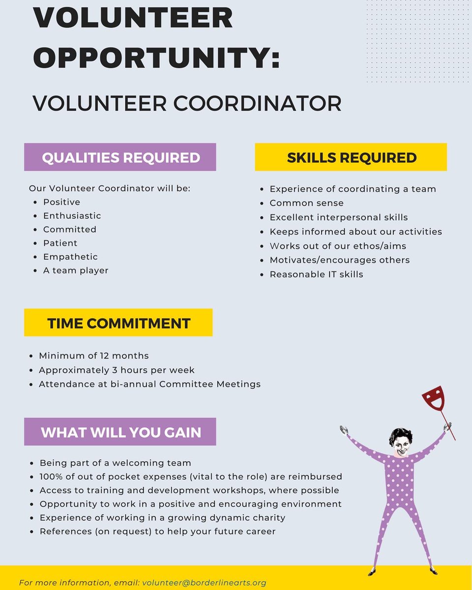 _BorderlineArt's tweet photo. We’re looking for a volunteer coordinator to join our team of volunteers at Borderline Arts.

Please share with anyone who may be interested &amp; get in touch via email: volunteer@borderlinearts.org to find out more.

Thanks!

#volunteeropportunity #charity #derby #mentalhealth #BPD https://t.co/YXh5hfbGFi