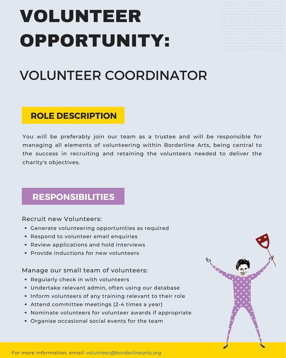 _BorderlineArt's tweet photo. We’re looking for a volunteer coordinator to join our team of volunteers at Borderline Arts.

Please share with anyone who may be interested &amp; get in touch via email: volunteer@borderlinearts.org to find out more.

Thanks!

#volunteeropportunity #charity #derby #mentalhealth #BPD https://t.co/YXh5hfbGFi