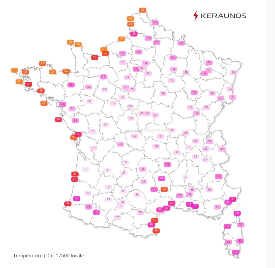 Nouvel après-midi caniculaire sur la majeure partie de la France avec 38 à 39°C du sud-ouest au centre et à la vallée du Rhône, très localement 40 sur le réseau secondaire. #canicule 