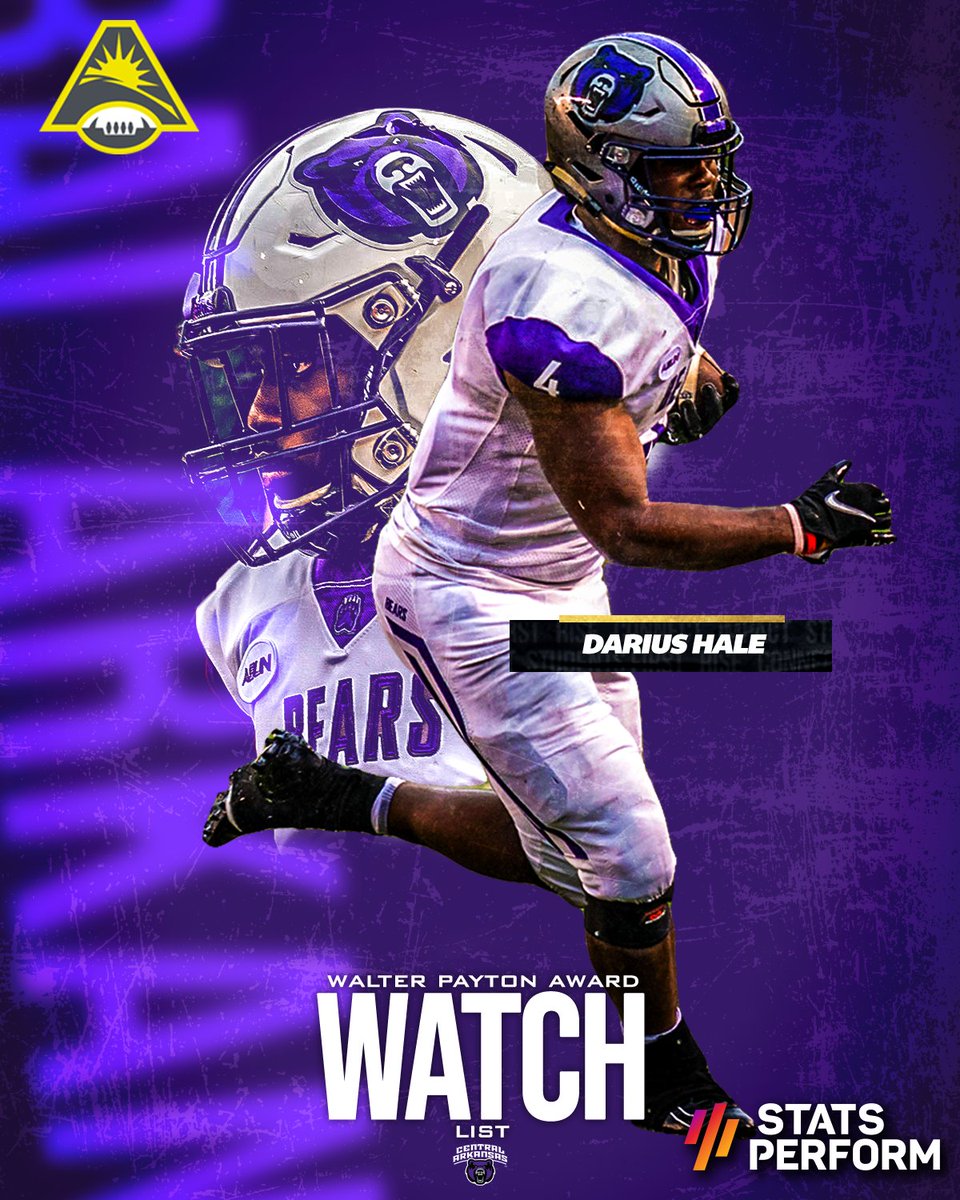 ASUN_Football's tweet photo. The @FCS_Stats Walter Payton Award Watch List👀 was announced and @UCA_Football RB Darius Hale was one of 3⃣ #ASUNFootball 🏈players named to the 🗒️!!

🔗 https://t.co/3x0XTifHzj

#ASUNBuilt | #BearClawsUp https://t.co/bwsFHjpkUb