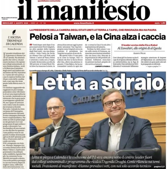 andrea_cangini's tweet photo. Confidavo decisamente nella possibilità di presentarci da soli alle elezioni, ma a giudicare dalle reazioni dei giornali più di sinistra (oltre che dalla conversione no-tax di Letta e dalla marginalizzazione degli anti Draghi alla Fratoianni), forse mi sbagliavo…
@Azione_it https://t.co/Q1OLT6tRgi