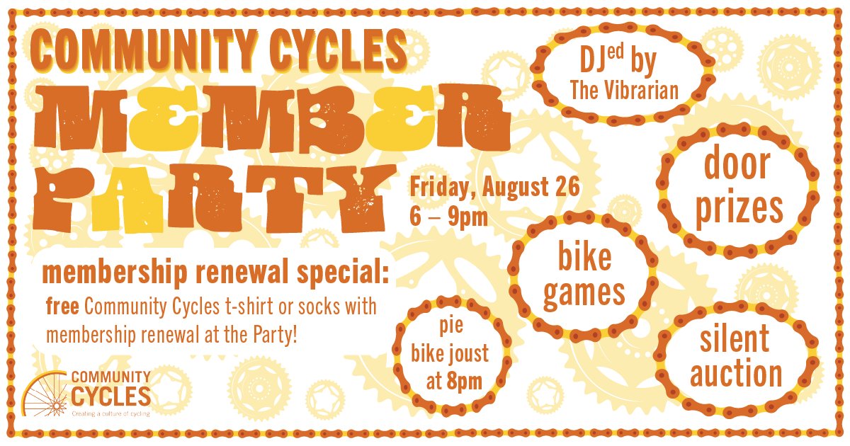 The Community Cycles Member Appreciation Party is Friday, Aug 26th! Are you ready for Bike Games like the infamous Pie Joust? 
And speaking of pies, we are thrilled to have pizza pies from <a href="/BossLadyPizza/">Boss Lady Pizza</a>  and <a href="/BarchettaPizza/">Barchetta</a> for nosh.
Details: communitycycles.org/programs-event…